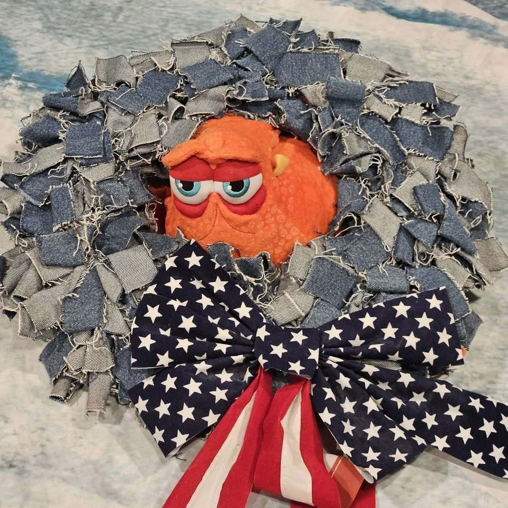 Handmade Denim Wreath Patriotic Americana Red‎ White Blue Rustic Wall Decor